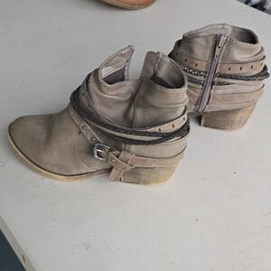 Maurices Taupe Ankle Booties with Buckle & Braided Wraps